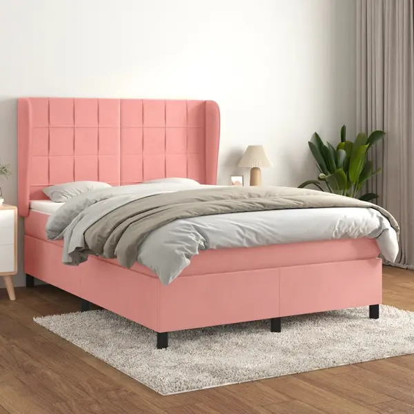 Gossi pat box spring cu saltea, roz, 140x190 cm, catifea