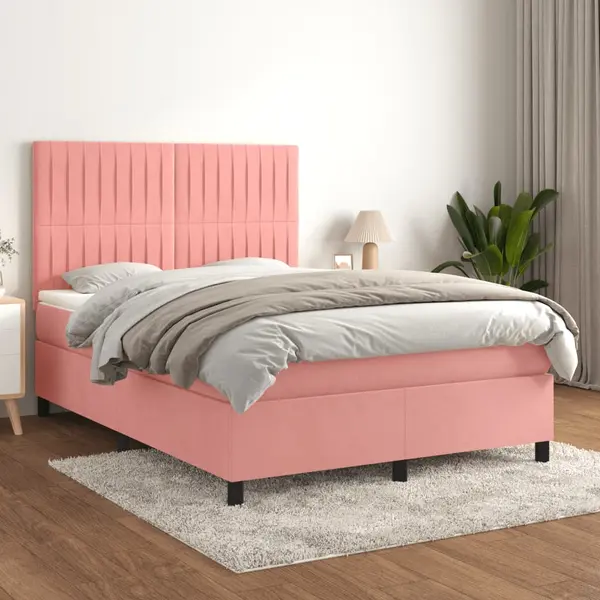 Gossi pat box spring cu saltea, roz, 140x200 cm, catifea