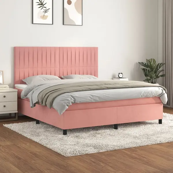 Gossi pat box spring cu saltea, roz, 160x200 cm, catifea