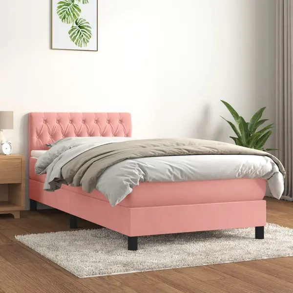Gossi pat box spring cu saltea, roz, 90x190 cm, catifea