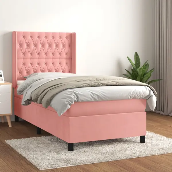 Gossi pat box spring cu saltea, roz, 90x190 cm, catifea