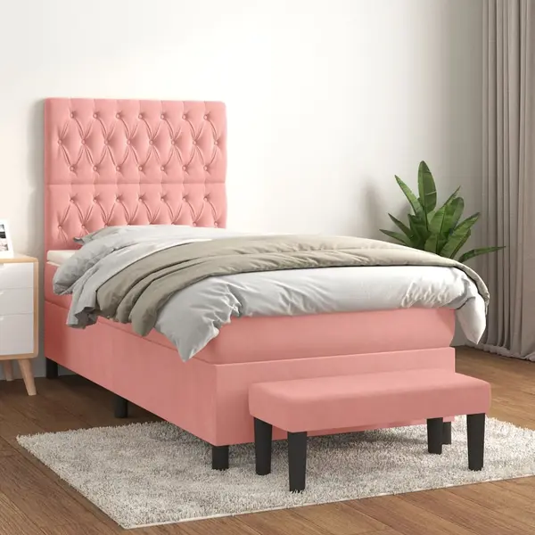 Gossi pat box spring cu saltea, roz, 90x190 cm, catifea