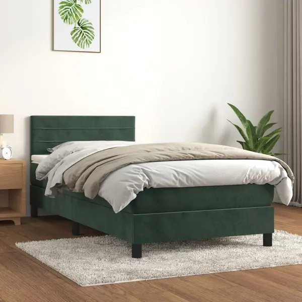 Gossi pat box spring cu saltea, verde inchis, 100x200 cm, catifea