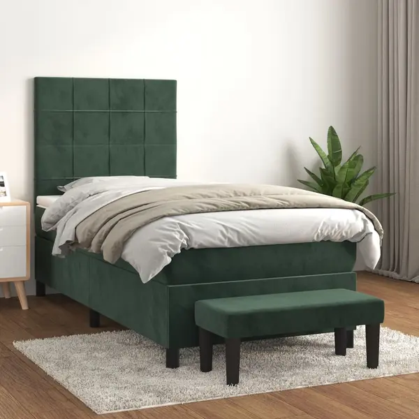 Gossi pat box spring cu saltea, verde inchis, 100x200 cm, catifea