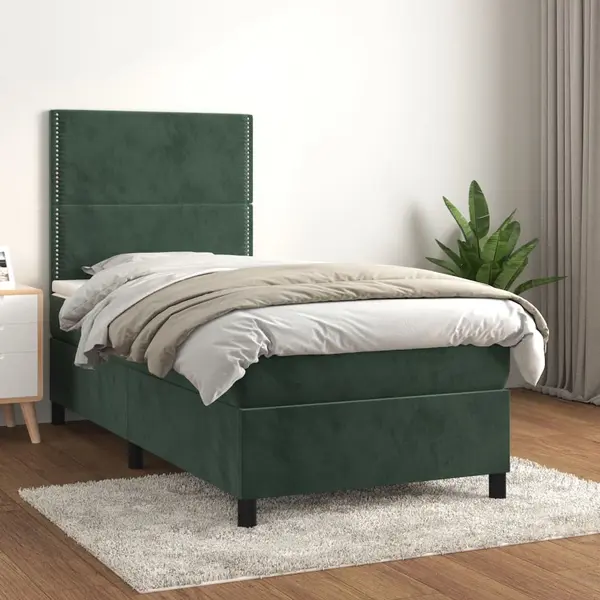 Gossi pat box spring cu saltea, verde inchis, 100x200 cm, catifea