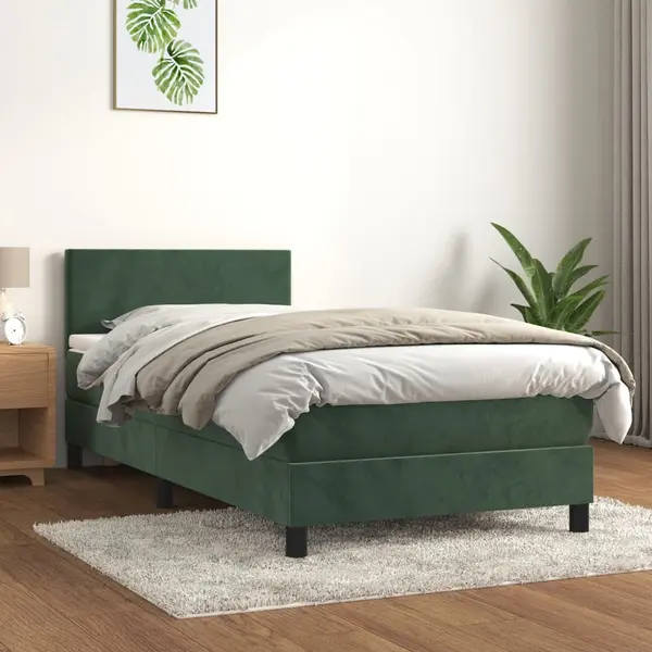 Gossi pat box spring cu saltea, verde inchis, 100x200 cm, catifea