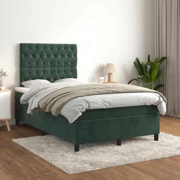 Gossi pat box spring cu saltea, verde inchis, 120x200 cm, catifea
