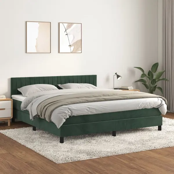 Gossi pat box spring cu saltea, verde inchis, 160x200 cm, catifea