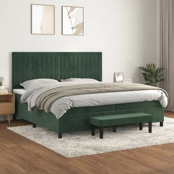 Gossi pat box spring cu saltea, verde inchis, 200x200 cm, catifea