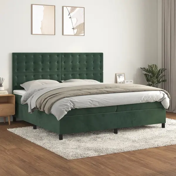 Gossi pat box spring cu saltea, verde inchis, 200x200 cm, catifea