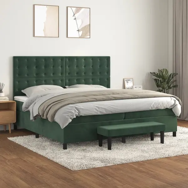 Gossi pat box spring cu saltea, verde inchis, 200x200 cm, catifea