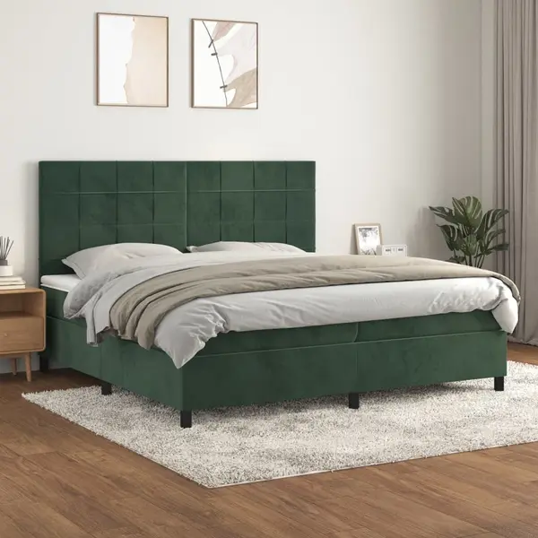 Gossi pat box spring cu saltea, verde inchis, 200x200 cm, catifea