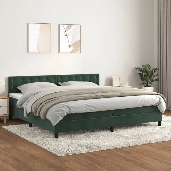 Gossi pat box spring cu saltea, verde inchis, 200x200 cm, catifea