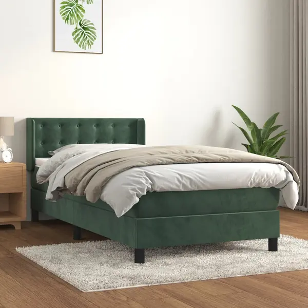 Gossi pat box spring cu saltea, verde inchis, 90x190 cm, catifea