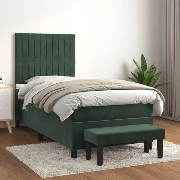 Gossi pat box spring cu saltea, verde inchis, 90x190 cm, catifea