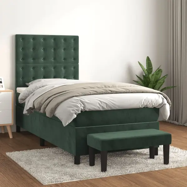 Gossi pat box spring cu saltea, verde inchis, 90x190 cm, catifea