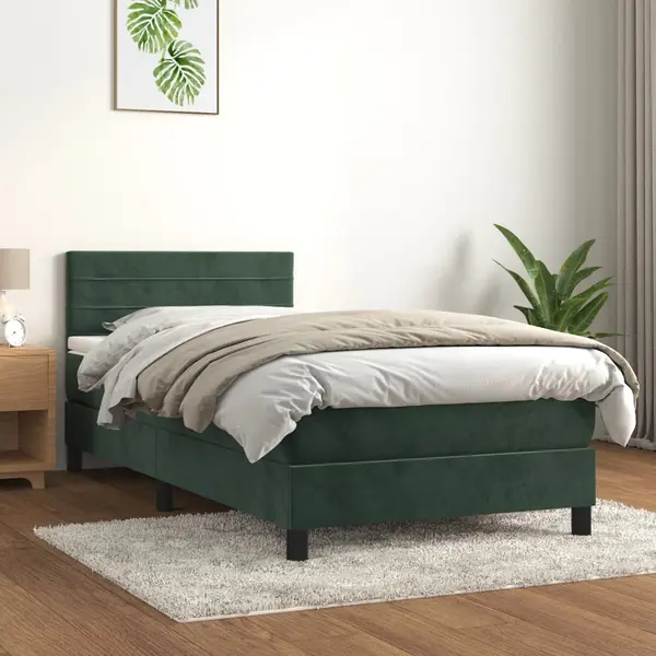 Gossi pat box spring cu saltea, verde inchis, 90x190 cm, catifea