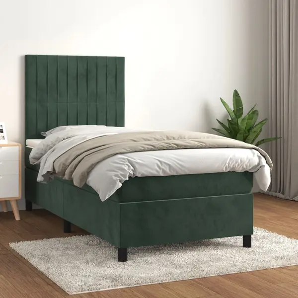 Gossi pat box spring cu saltea, verde inchis, 90x200 cm, catifea