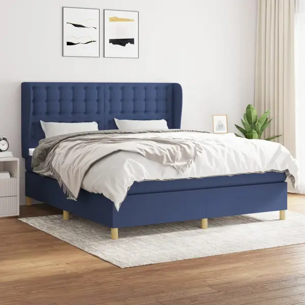 Gossi pat continental cu saltea, albastru, 160x200cm, material textil
