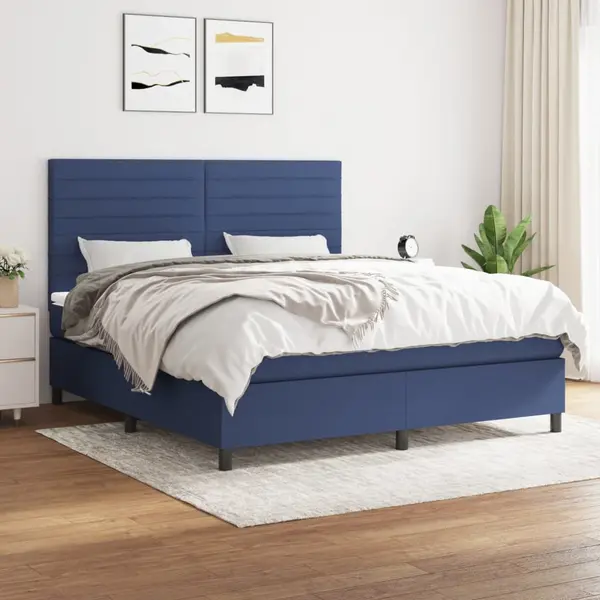 Gossi pat continental cu saltea, albastru, 160x200cm, material textil