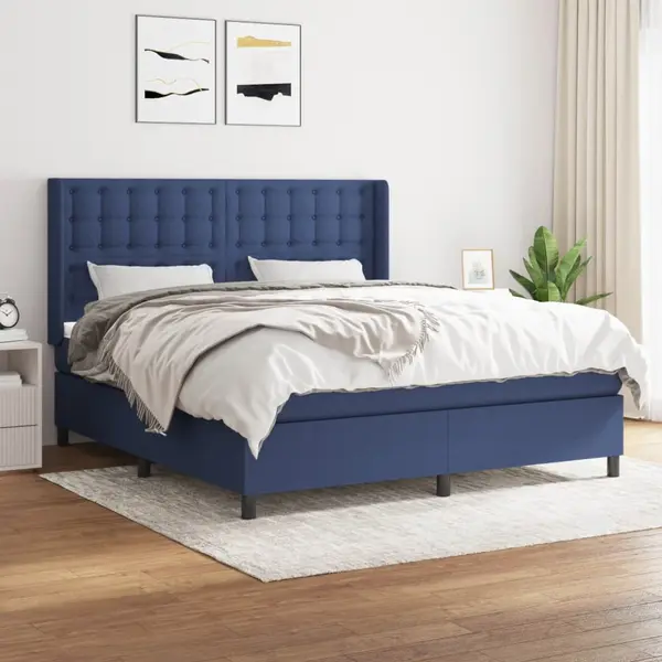 Gossi pat continental cu saltea, albastru, 160x200cm, material textil