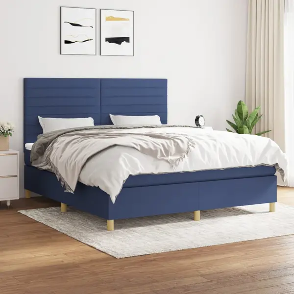 Gossi pat continental cu saltea, albastru, 160x200cm, material textil
