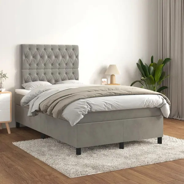 Gossi pat continental cu saltea, gri deschis, 120x200 cm, catifea