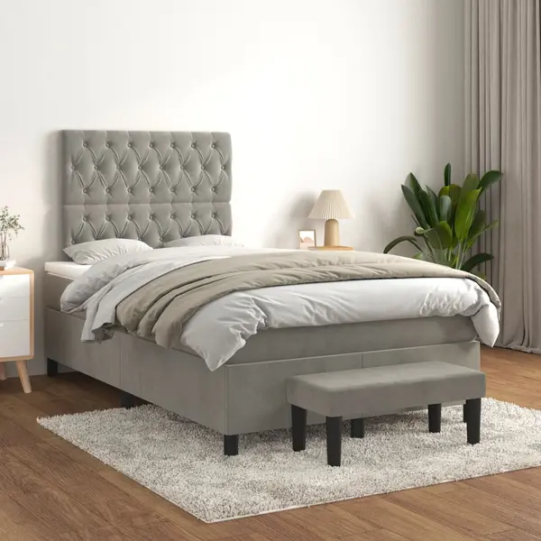 Gossi pat continental cu saltea, gri deschis, 120x200 cm, catifea