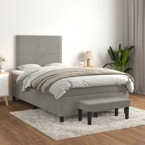 Gossi pat continental cu saltea, gri deschis, 120x200 cm, catifea