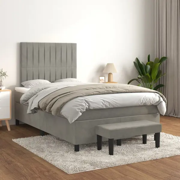 Gossi pat continental cu saltea, gri deschis, 120x200 cm, catifea