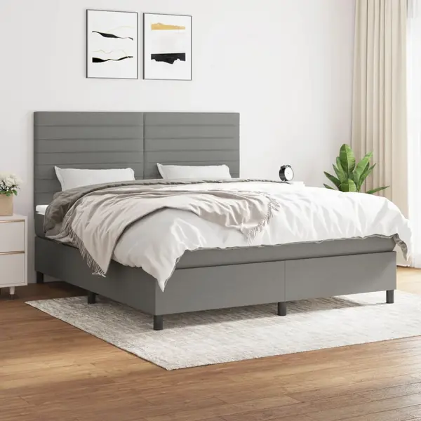 Gossi pat continental cu saltea, gri inchis, 160x200 cm, tesatura