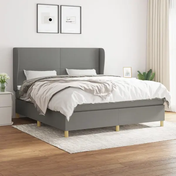 Gossi pat continental cu saltea, gri inchis, 160x200 cm, tesatura