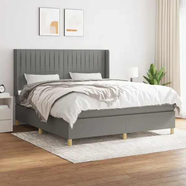 Gossi pat continental cu saltea, gri inchis, 160x200 cm, tesatura