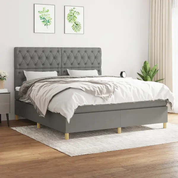 Gossi pat continental cu saltea, gri inchis, 160x200 cm, tesatura