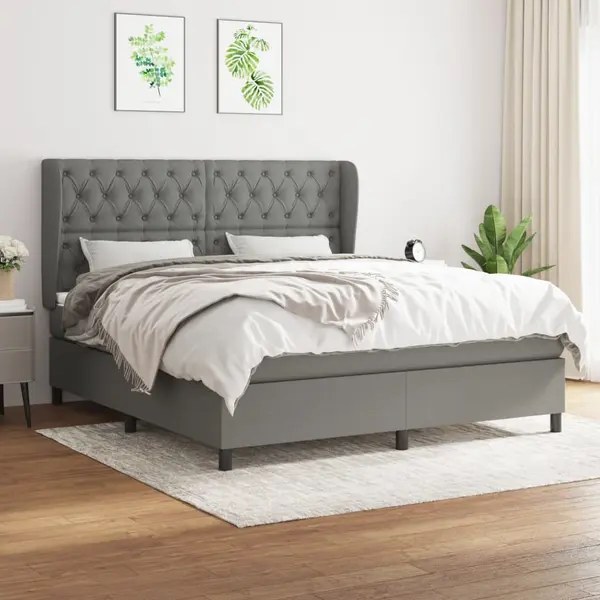 Gossi pat continental cu saltea, gri inchis, 160x200 cm, tesatura