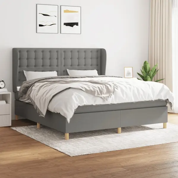 Gossi pat continental cu saltea, gri inchis, 160x200 cm, tesatura