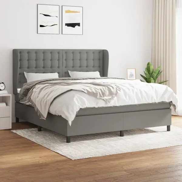 Gossi pat continental cu saltea, gri inchis, 160x200 cm, tesatura