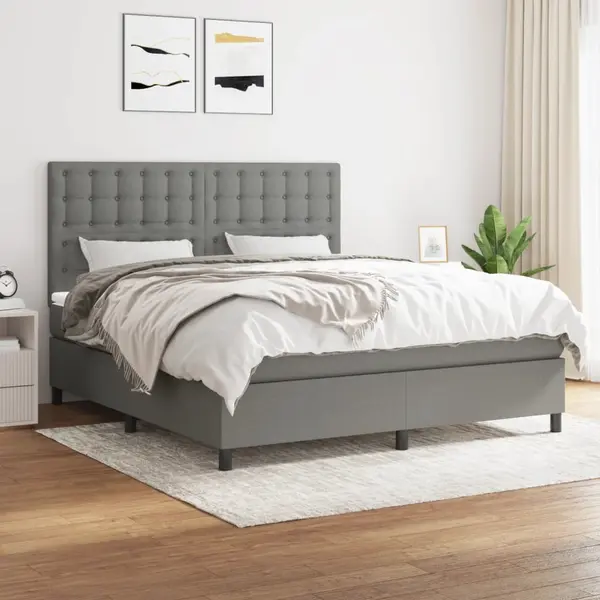 Gossi pat continental cu saltea, gri inchis, 160x200 cm, tesatura