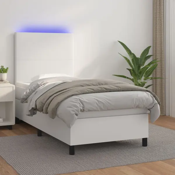 Gossi pat continental cu saltea & led, alb, 90x200 cm, piele eco