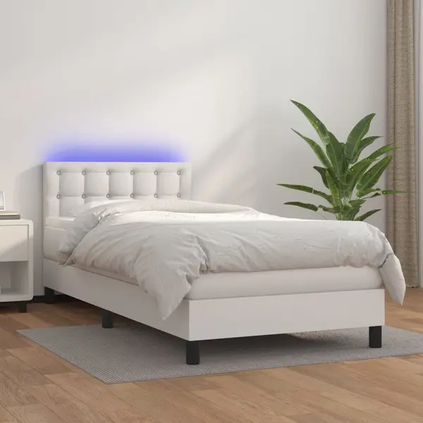 Gossi pat continental cu saltea & led, alb, 90x200 cm, piele eco