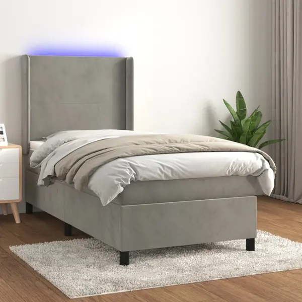 Gossi pat continental cu saltea & led, gri deschis, 80x200 cm catifea