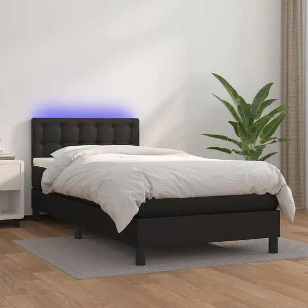 Gossi pat continental cu saltea & led, negru, 80x200 cm, piele eco