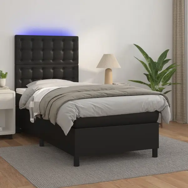 Gossi pat continental cu saltea & led, negru, 80x200 cm, piele eco
