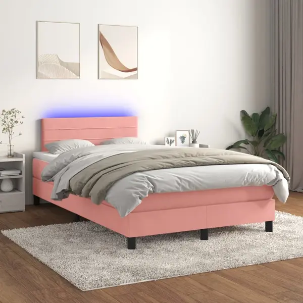 Gossi pat continental cu saltea & led, roz, 120x200 cm, catifea