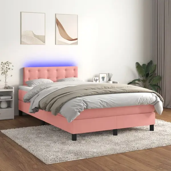 Gossi pat continental cu saltea & led, roz, 120x200 cm, catifea