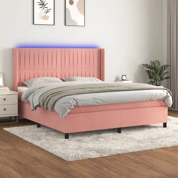 Gossi pat continental cu saltea & led, roz, 120x200 cm, catifea