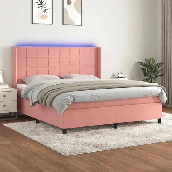 Gossi pat continental cu saltea & led, roz, 120x200 cm, catifea