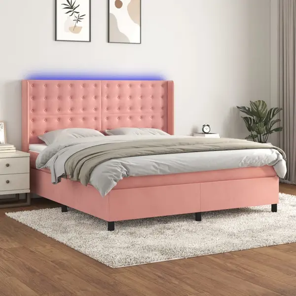 Gossi pat continental cu saltea & led, roz, 120x200 cm, catifea