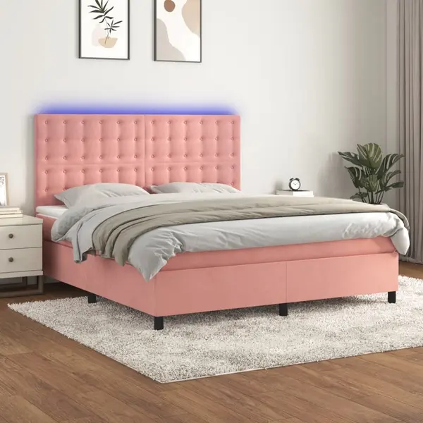 Gossi pat continental cu saltea & led, roz, 120x200 cm, catifea