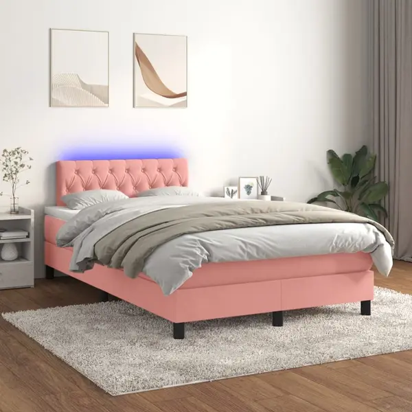 Gossi pat continental cu saltea & led, roz, 120x200 cm, catifea